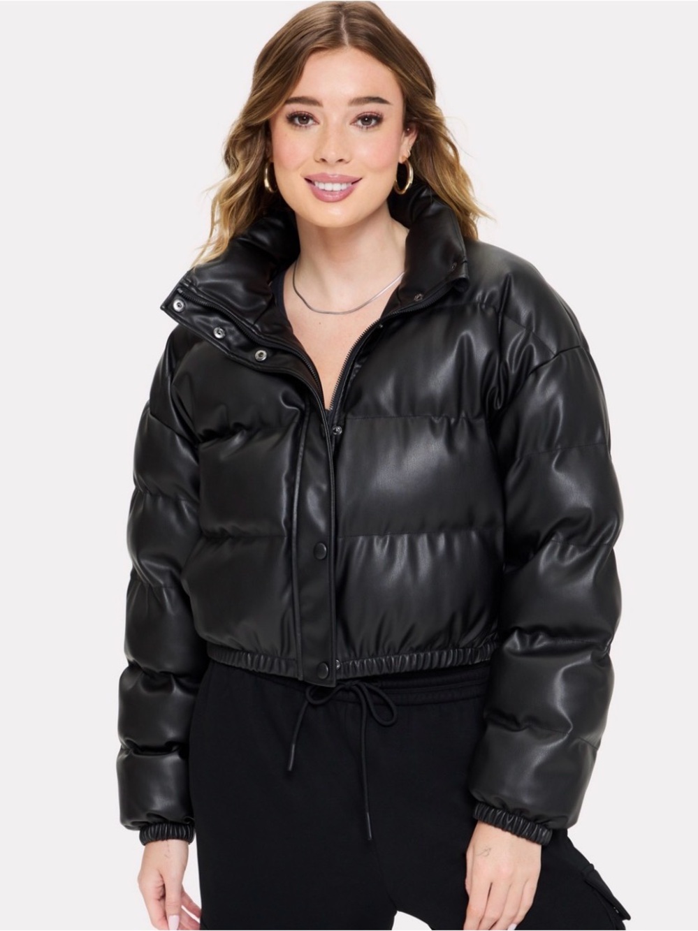 YITTY Faux Leather Puffer Bomber Jacket L Black Cropped Y2K Moto NWT
